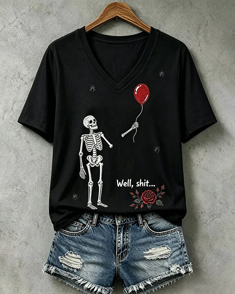 100% Cotton Halloween Fun Skull Balloon Prints V Neck Short Sleeve Tshirt