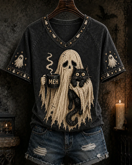Women's Halloween Ghost And Black Cat Print V-neck Short Sleeve T-Shirt
