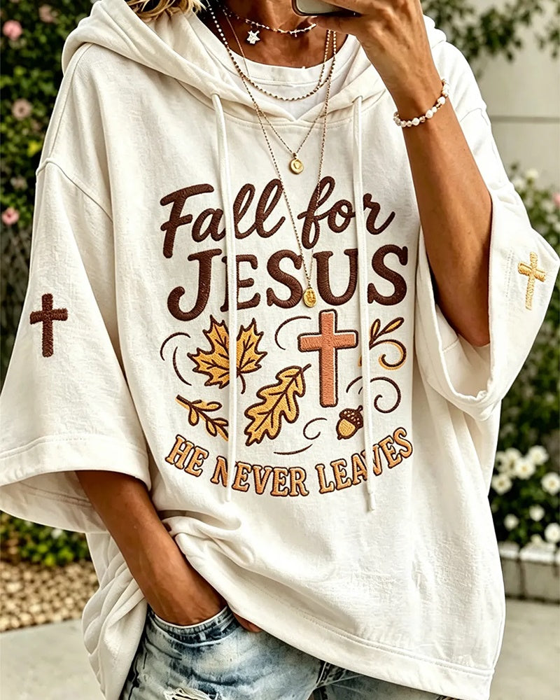 Women's  Fall For Jesus He Never Leaves Cross Maple Leaves Print  Loose Hooded Hoodie