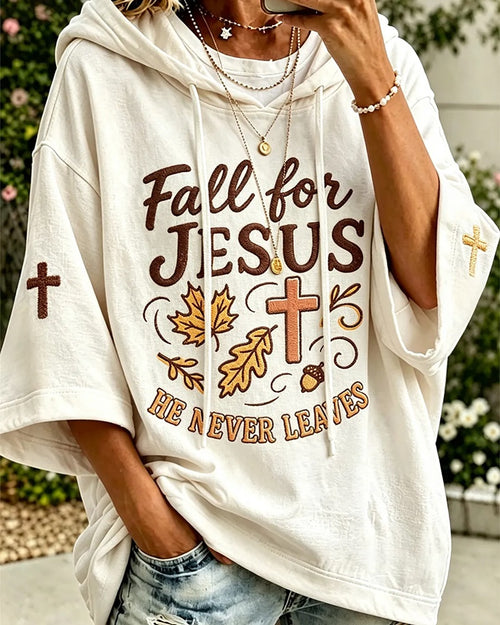 Women's  Fall For Jesus He Never Leaves Cross Maple Leaves Print  Loose Hooded Hoodie