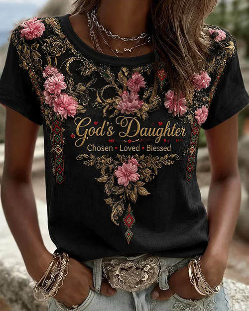 God's Daughter Print Crew Neck Short Sleeve Tshirt