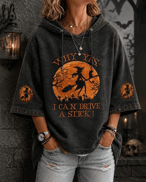Women's Halloween Actually I Can Drive A Stick Witch Printed Loose Hooded Hoodie