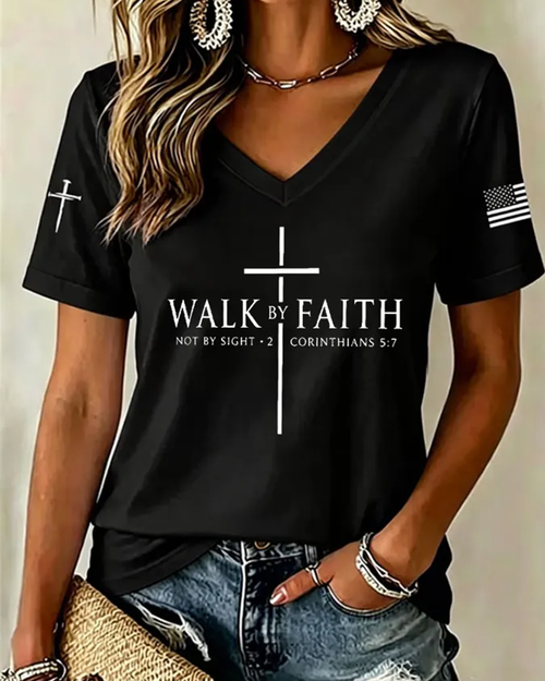 100% Cotton Walk By Faith Print V Neck Short Sleeve Tshirt