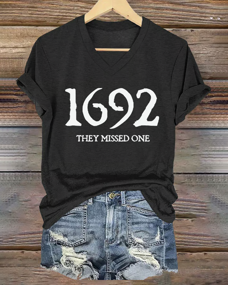 100% Cotton Women's 1692 They Missed One Salem Witch Print V Neck Short Sleeve Tshirt