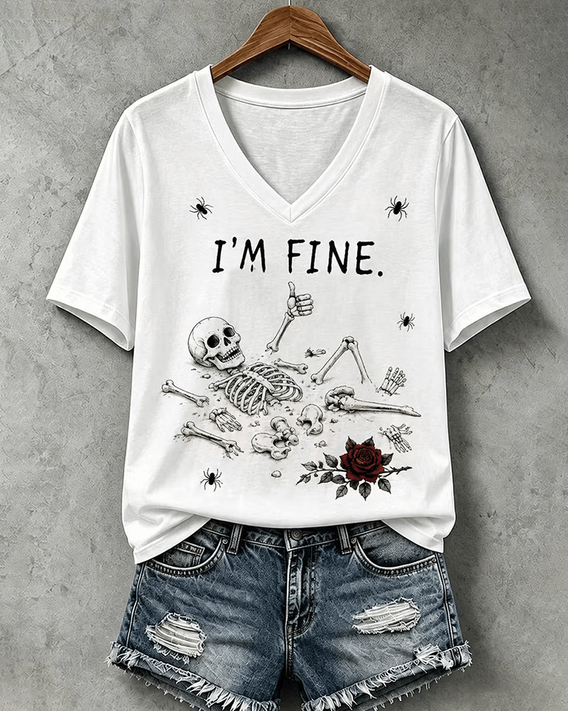 Women's Halloween I'm Fine Print V Neck T-Shirt
