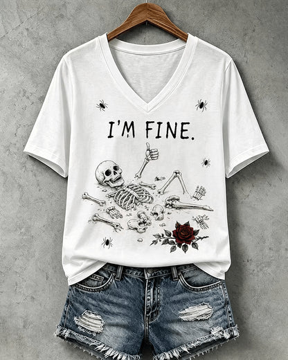 Women's Halloween I'm Fine Print V Neck T-Shirt
