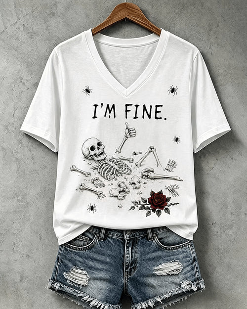 Women's Halloween I'm Fine Print V Neck T-Shirt