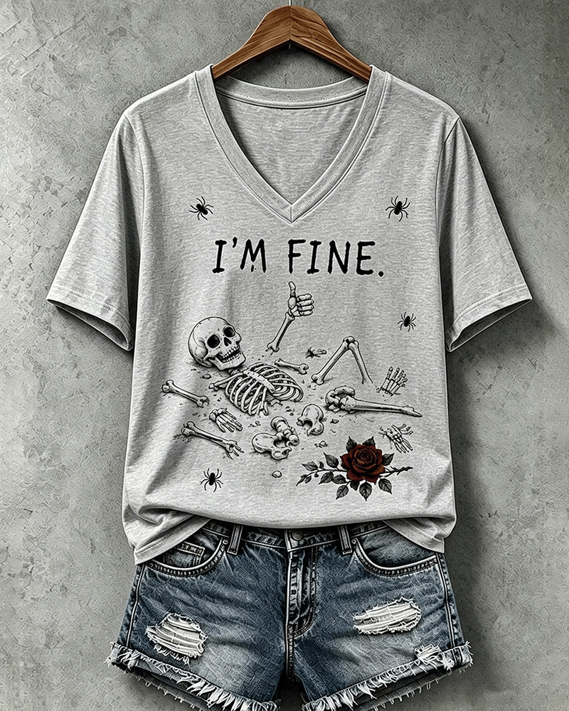 Women's Halloween I'm Fine Print V Neck T-Shirt