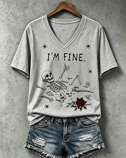 Women's Halloween I'm Fine Print V Neck T-Shirt