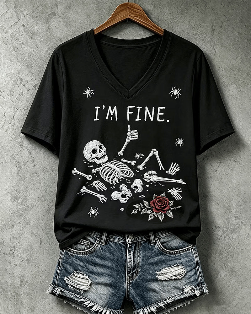 Women's Halloween I'm Fine Print V Neck T-Shirt