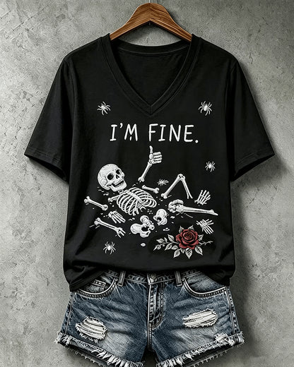 Women's Halloween I'm Fine Print V Neck T-Shirt