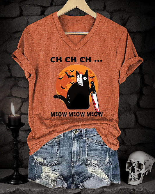 Women's Halloween Artistic Cat Print V-Neck Short Sleeve T-Shirt