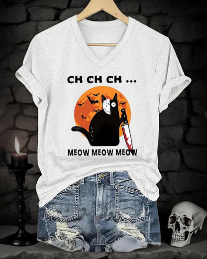 Women's Halloween Artistic Cat Print V-Neck Short Sleeve T-Shirt