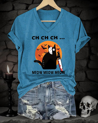 Women's Halloween Artistic Cat Print V-Neck Short Sleeve T-Shirt