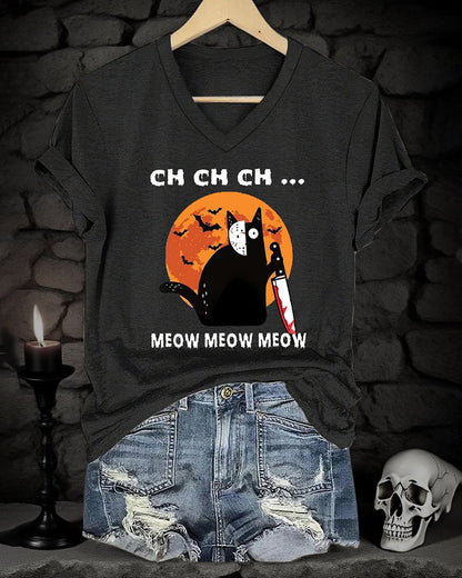 Women's Halloween Artistic Cat Print V-Neck Short Sleeve T-Shirt