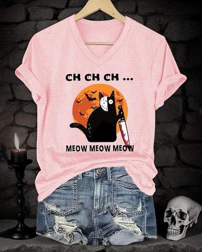 Women's Halloween Artistic Cat Print V-Neck Short Sleeve T-Shirt