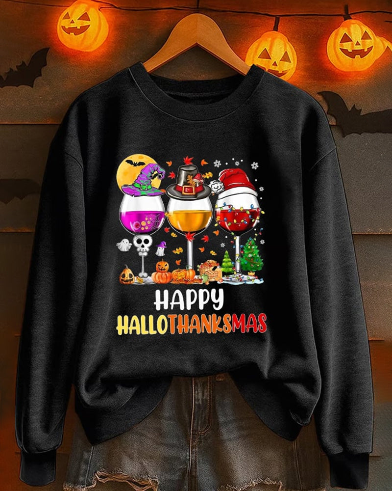 Women's Happy Hallothanksmas Wine Print Casual Sweatshirt