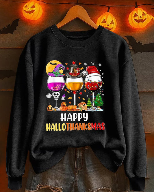 Women's Happy Hallothanksmas Wine Print Casual Sweatshirt