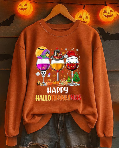 Women's Happy Hallothanksmas Wine Print Casual Sweatshirt