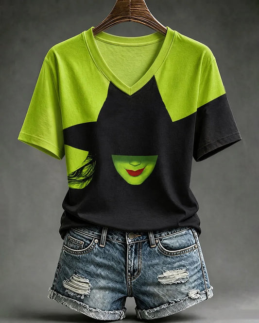 Women's Halloween Cartoon Witch Color Clash V-neck Short Sleeve T-Shirt