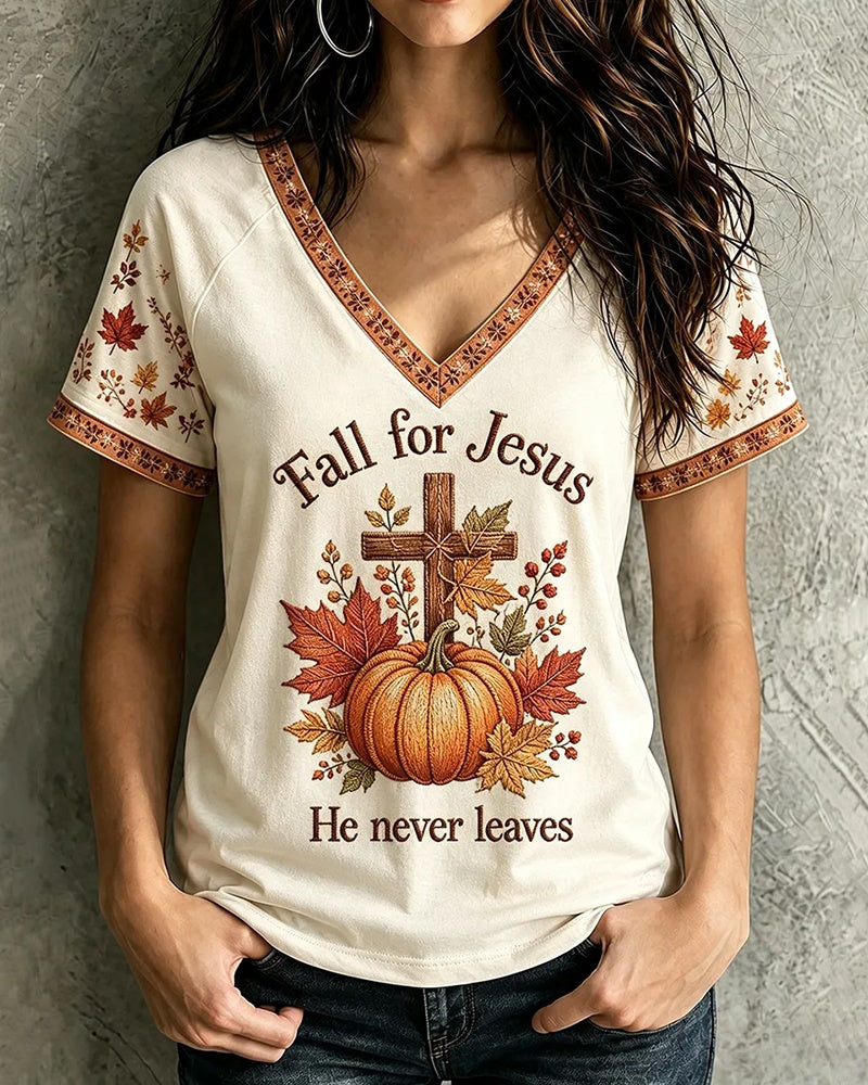 Women's Fall For Jesus He Never Leaves Cross Pumpkin Print V-neck Short Sleeve Tshirt