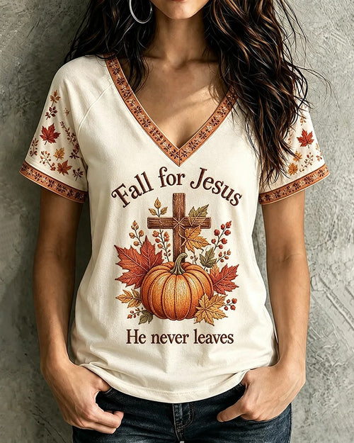 Women's Fall For Jesus He Never Leaves Cross Pumpkin Print V-neck Short Sleeve Tshirt
