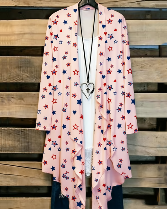 Contrasting Color Stars and Hearts Long Sleeve Casual Longline Cardigan