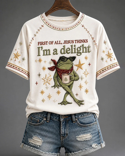 Women's Jesus Thinks I'm A Delight Printed Crew Neck Short Sleeve Tshirt