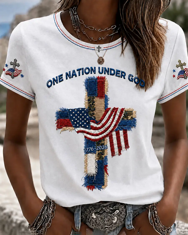 Women's Christian One Nation Under God Cross Crew Neck Short Sleeve Tshirt