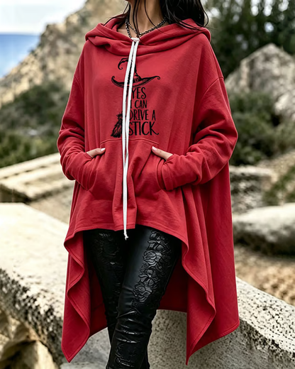 Women's Halloween Witch Hat Printed Loose Irregular Hoodie