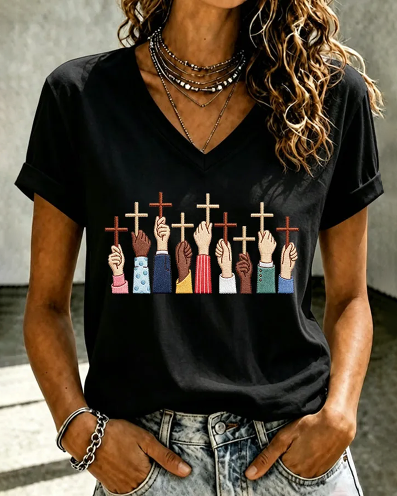 100% Cotton Christian Cross Cartoon Print V Neck Short Sleeve Tshirt