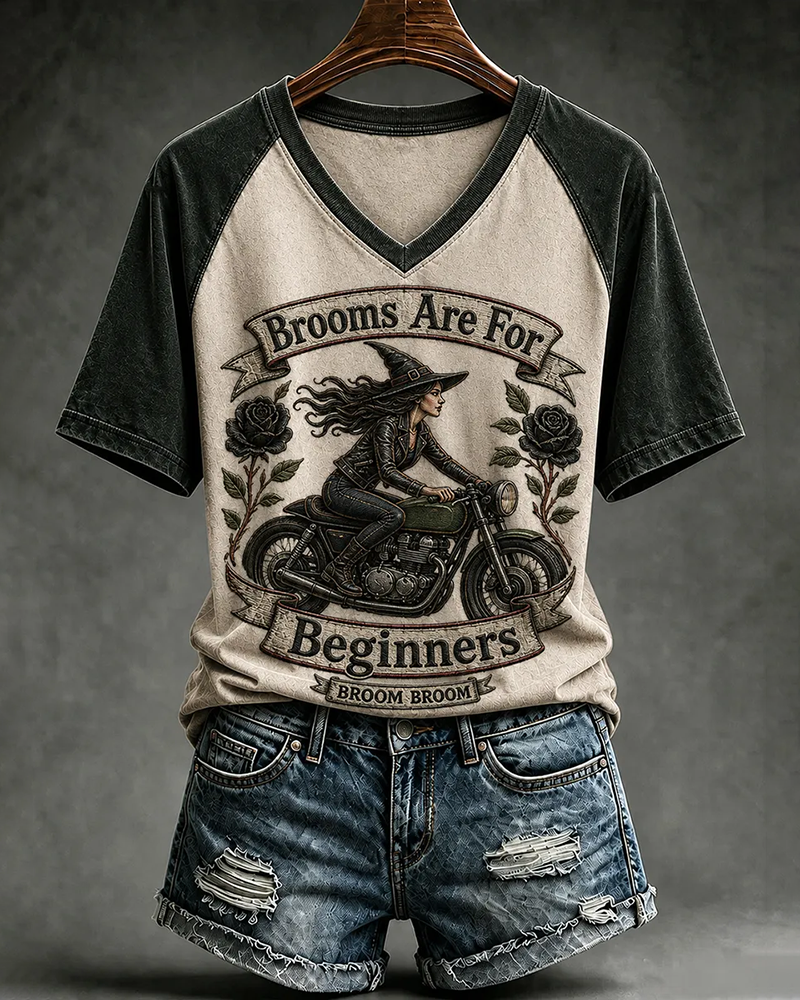 Women's Halloween Fun Motorbike Witch PrintT-Shirt