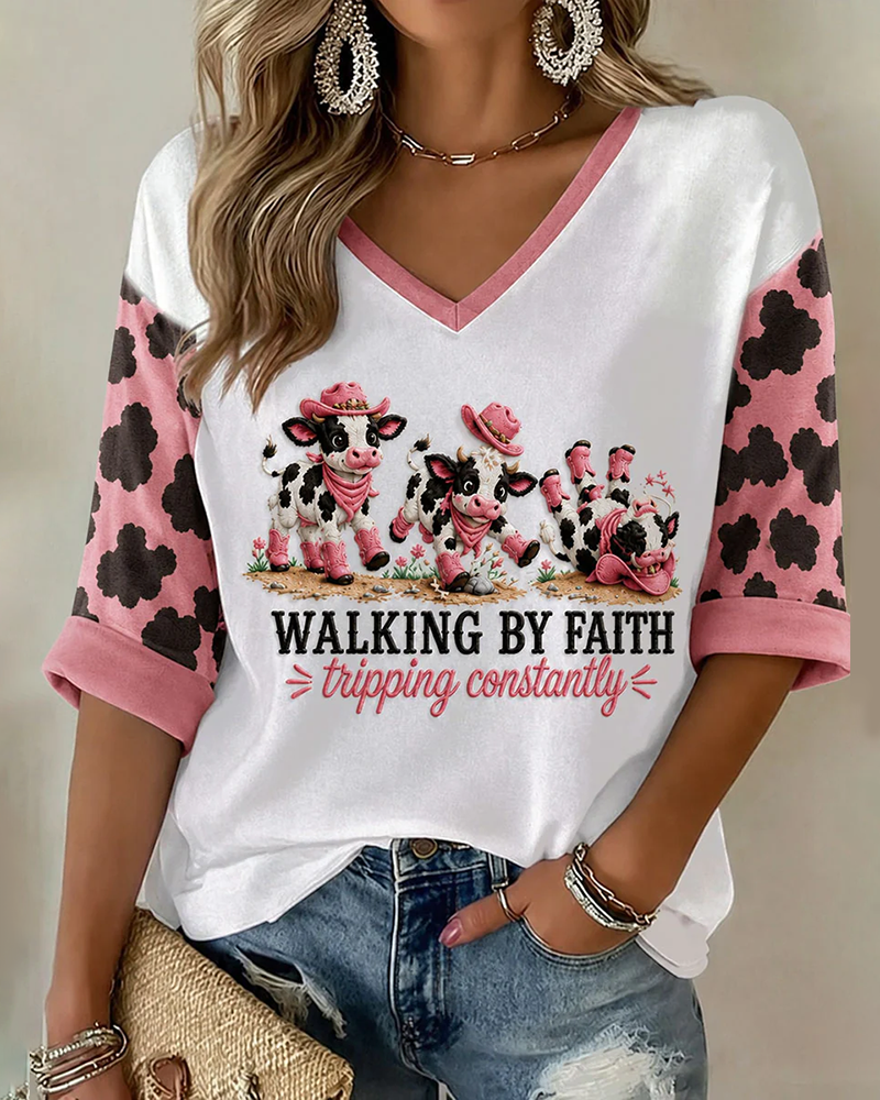 Women's Walking By Faith Tipping Constantly Print V-neck Loose T-shirt
