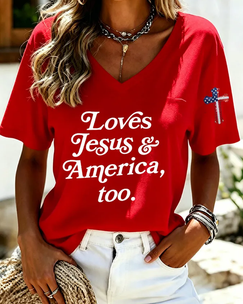 100% Cotton Loves Jesus and America V Neck Short Sleeve Tshirt