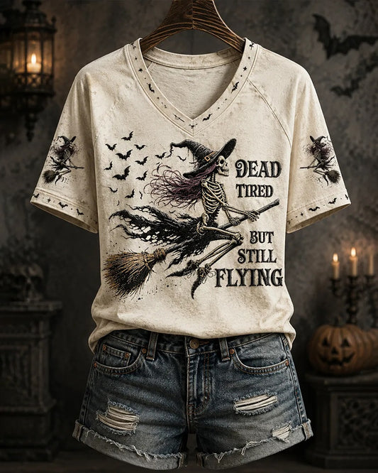 Women's Halloween Funny Halloween Skull Witch Print V-neck Short Sleeve T-Shirt