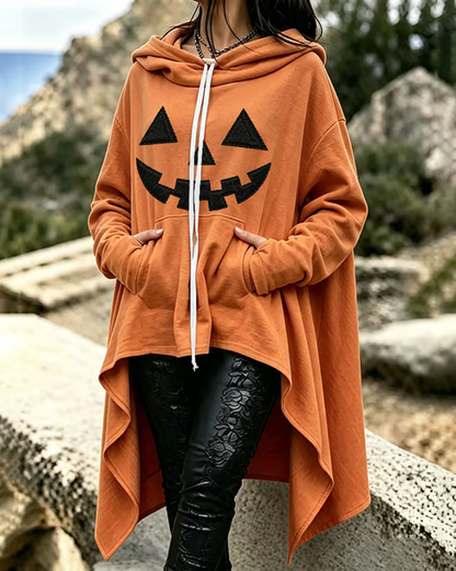 Women's Halloween Pumpkin Devil Print Loose Irregular Hoodie