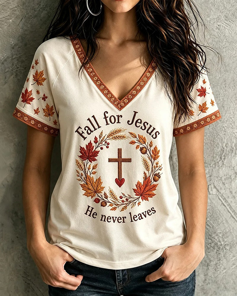 Women's Fall For Jesus He Never Leaves Cross Maple Leaves Print V-neck Short Sleeve Tshirt