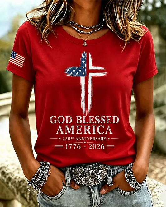 100% Cotton God Blessed America Crew Neck Short Sleeve Tshirt
