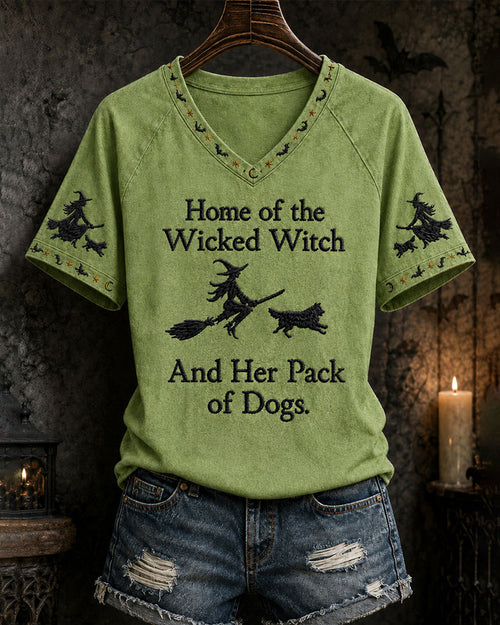 Women's Funny Halloween Home Of The Wicked Witch And Her Pack Of Dogs Print Casual V-Neck Tee